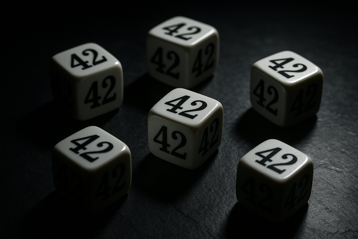 Six dice on dark slate, every visible face reading 42 instead of pips