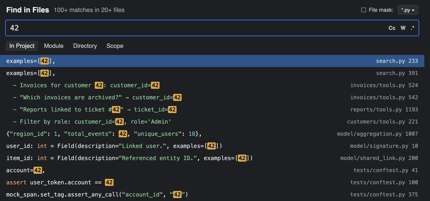 A Find in Files search for 42 across a Python project, returning 100+ matches in 20+ files