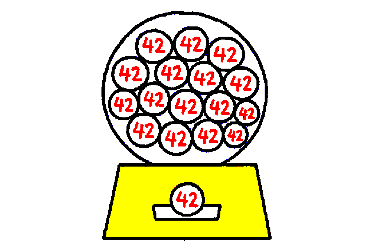A crude MS Paint drawing of a lottery machine, every ball printed 42, one 42 ball in the chute