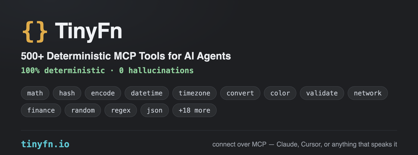 TinyFn: 500+ deterministic MCP tools for AI agents, 100% deterministic and 0 hallucinations