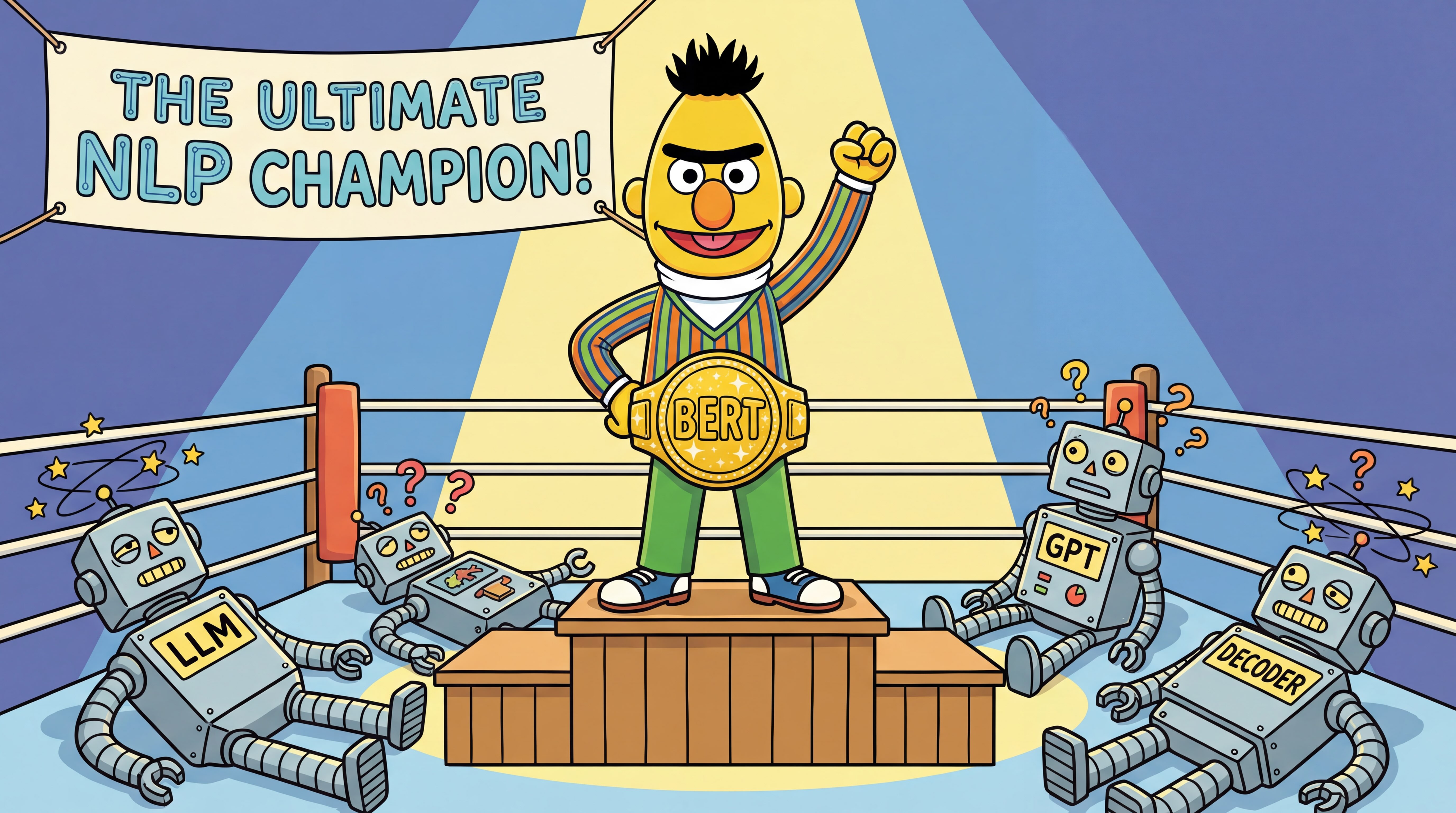 Bert from Sesame Street as the NLP champion, standing victorious over defeated LLM robots