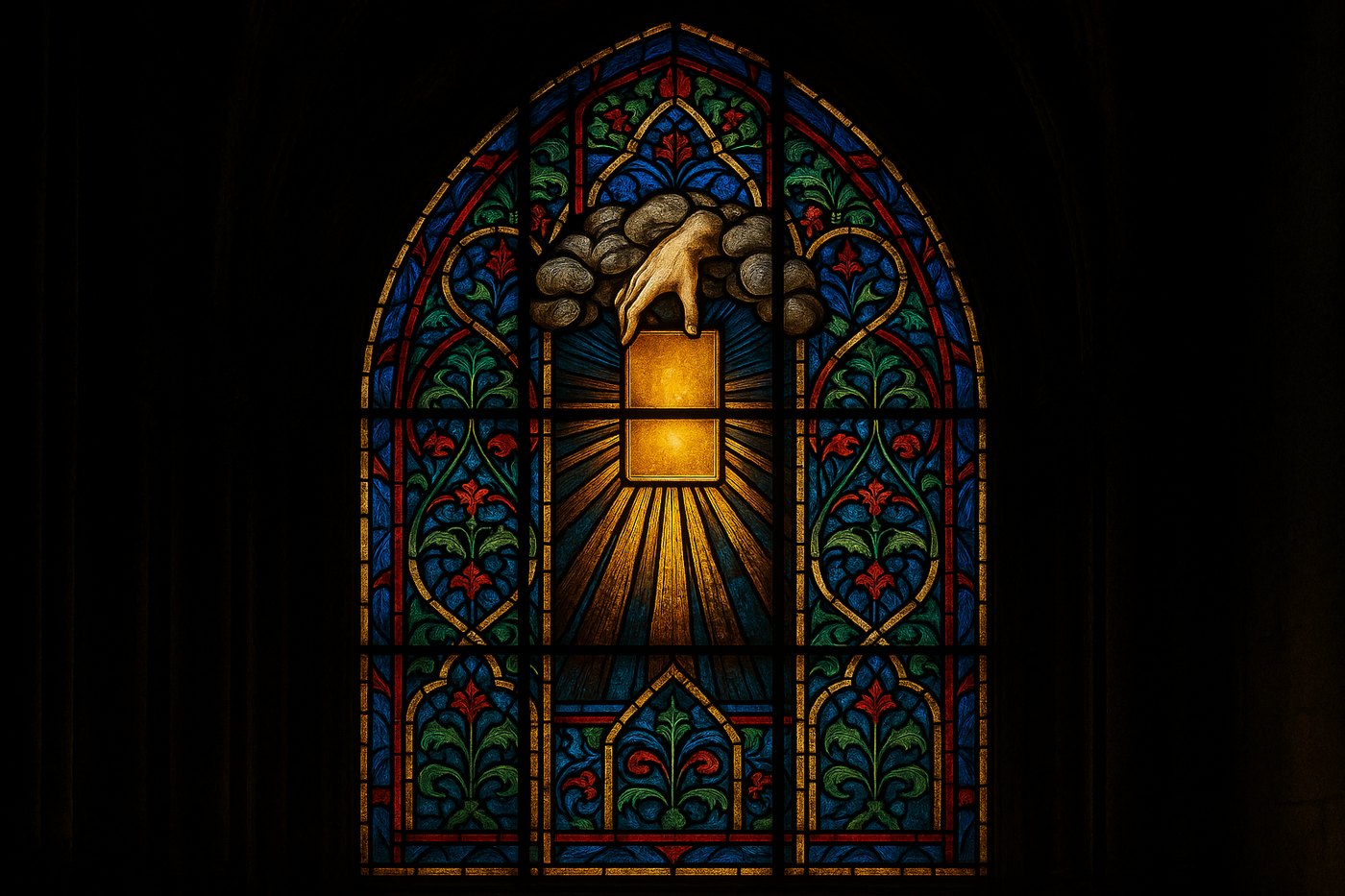 A gothic stained glass window showing a hand descending from clouds to offer a glowing tablet, rays streaming down