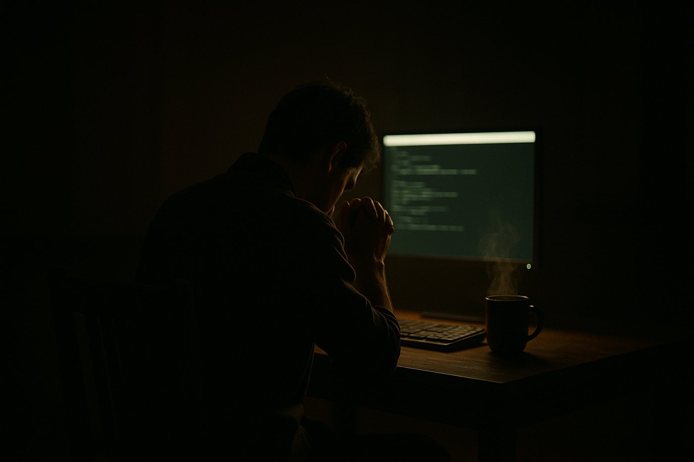 A person sitting alone in a dark room in front of a glowing terminal, hands clasped and head bowed as if praying