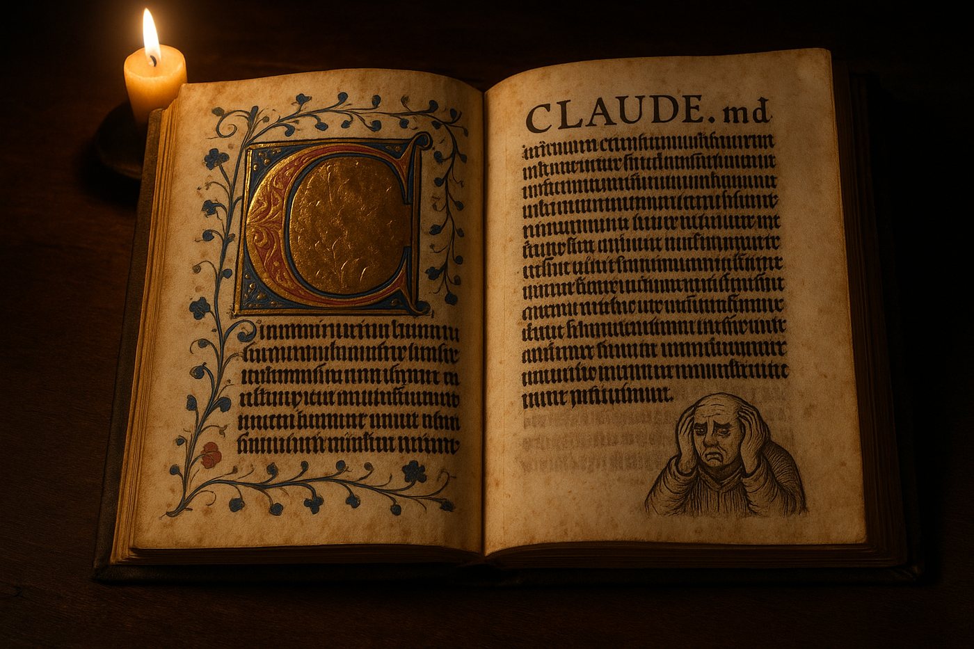An illuminated medieval manuscript open on a table, headed CLAUDE.md in blackletter, with an exasperated monk doodled in the margin