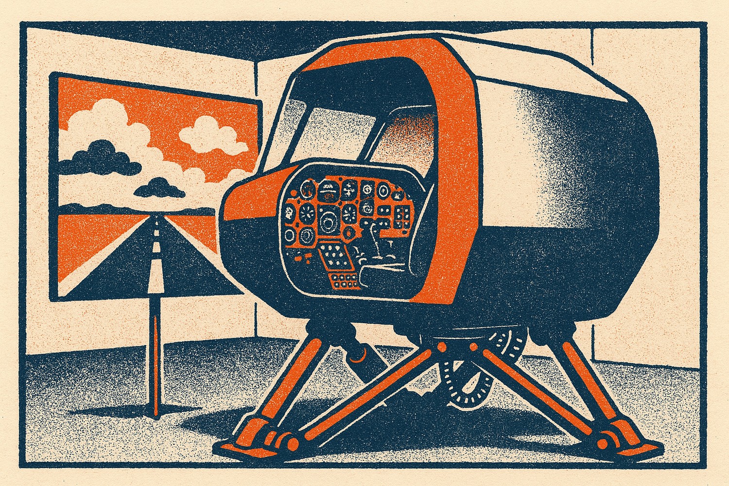 A two-colour riso print of a flight simulator pod, its cockpit drawn in real detail, with a flat painted board of a runway and sky propped on a stick outside the windscreen