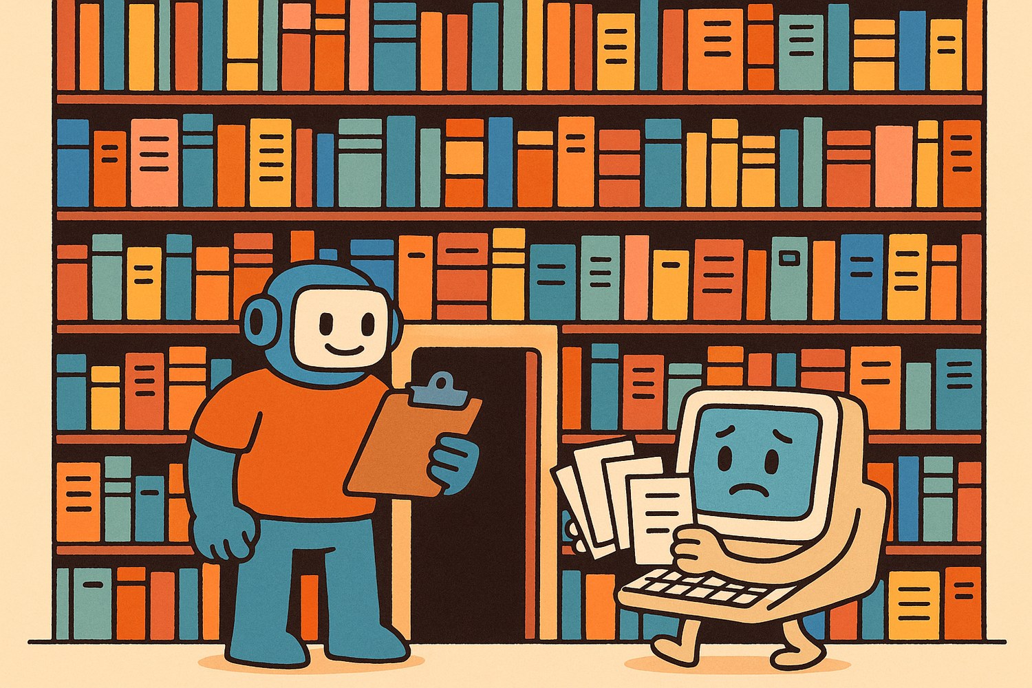 A bouncer robot with a clipboard at a small doorway in a vast wall of books, letting only a few documents through to a dejected computer
